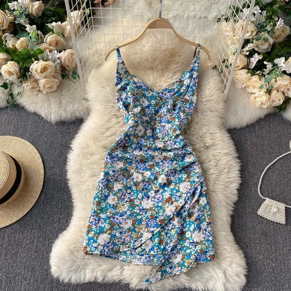 Puff Sleeve Top & Ditsy Floral Ruffle Hem Cami Dress - M (Bust Size: 38 in, Length Size: 38 in) , polyester