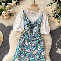 Puff Sleeve Top & Ditsy Floral Ruffle Hem Cami Dress - L (Bust Size: 40 in, Length Size: 38 in) , polyester