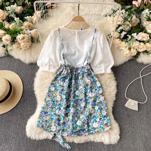 Puff Sleeve Top & Ditsy Floral Ruffle Hem Cami Dress - L (Bust Size: 40 in, Length Size: 38 in) , polyester