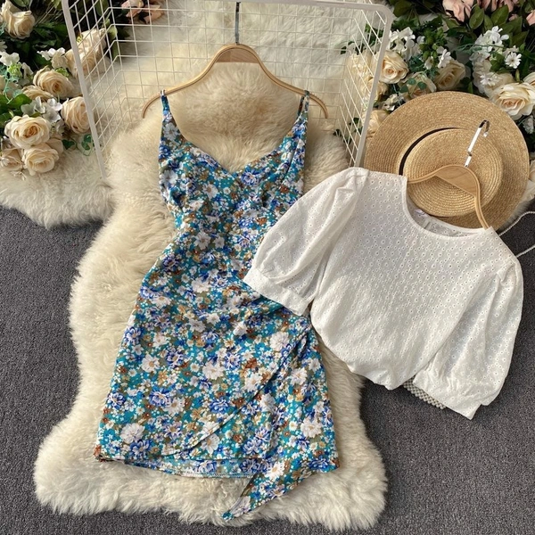 Puff Sleeve Top & Ditsy Floral Ruffle Hem Cami Dress - XL (Bust Size: 42 in, Length Size: 38 in) , polyester