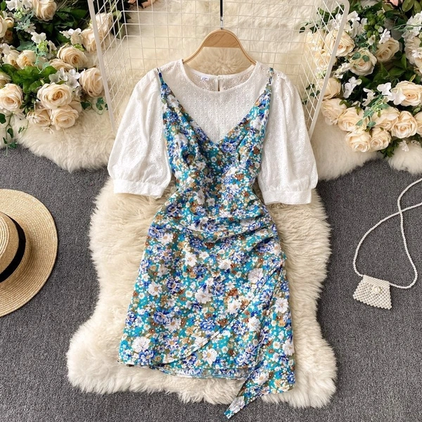 Puff Sleeve Top & Ditsy Floral Ruffle Hem Cami Dress - XL (Bust Size: 42 in, Length Size: 38 in) , polyester