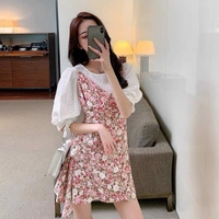 Puff Sleeve Top & Ditsy Floral Ruffle Hem Cami Dress - S (Bust Size: 36 in, Length Size: 38 in) , polyester