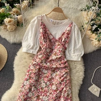 Puff Sleeve Top & Ditsy Floral Ruffle Hem Cami Dress - L (Bust Size: 40 in, Length Size: 38 in) , polyester
