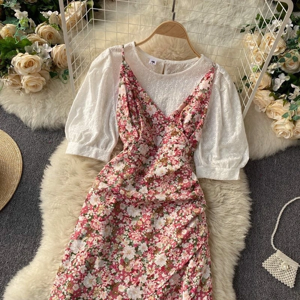Puff Sleeve Top & Ditsy Floral Ruffle Hem Cami Dress - L (Bust Size: 40 in, Length Size: 38 in) , polyester