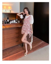 Puff Sleeve Top & Ditsy Floral Ruffle Hem Cami Dress - XL (Bust Size: 42 in, Length Size: 38 in) , polyester