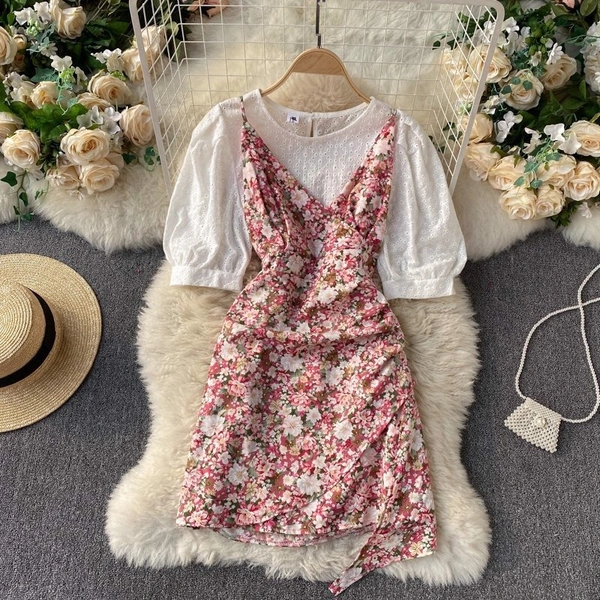 Puff Sleeve Top & Ditsy Floral Ruffle Hem Cami Dress - XL (Bust Size: 42 in, Length Size: 38 in) , polyester