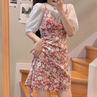 Puff Sleeve Top & Ditsy Floral Ruffle Hem Cami Dress - XL (Bust Size: 42 in, Length Size: 38 in) , polyester