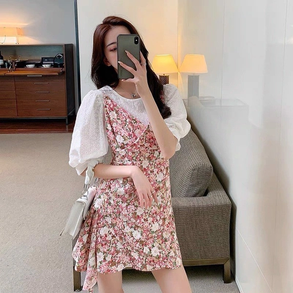 Puff Sleeve Top & Ditsy Floral Ruffle Hem Cami Dress - XXL (Bust Size: 44 in, Length Size: 38 in) , polyester