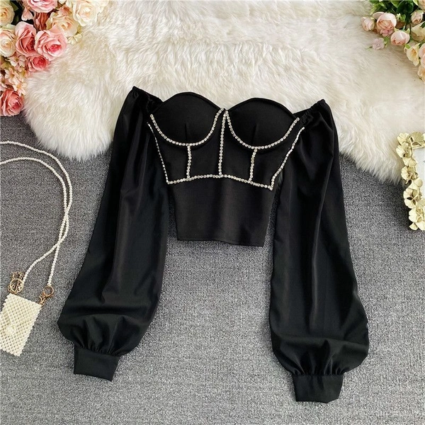 Off-Shoulder Rhinestone Long-Sleeve Blouse - XXS (Bust Size: 28 in, Length Size: 15 in) , cotton blend