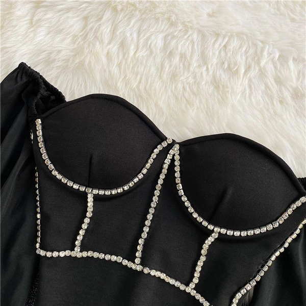 Off-Shoulder Rhinestone Long-Sleeve Blouse - XXS (Bust Size: 28 in, Length Size: 15 in) , cotton blend