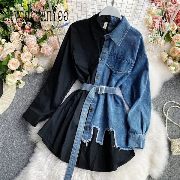 Striped Patchwork Denim Dress - Free Size (Bust Size: 42 in, Length Size: 29 in) , Denim