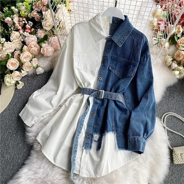 Striped Patchwork Denim Dress - Free Size (Bust Size: 42 in, Length Size: 29 in) , Denim