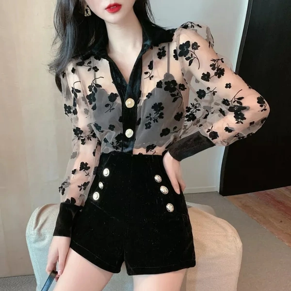 LAPEL Transparent FLOWER SHIRT TOP - S (Bust Size: 36 in, Length Size: 21 in) , net
