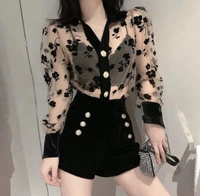 LAPEL Transparent FLOWER SHIRT TOP - M (Bust Size: 38 in, Length Size: 22 in) , net