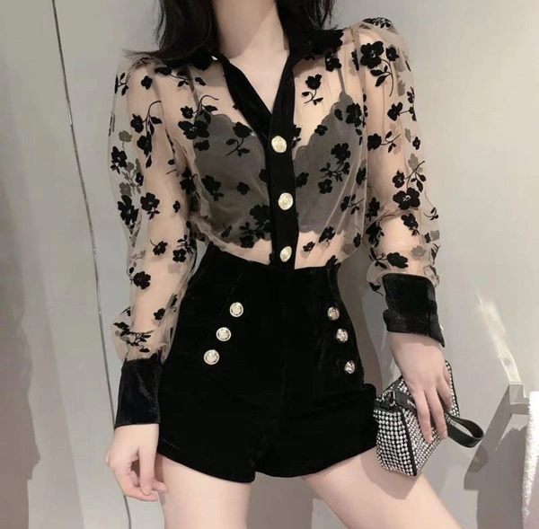 LAPEL Transparent FLOWER SHIRT TOP - M (Bust Size: 38 in, Length Size: 22 in) , net
