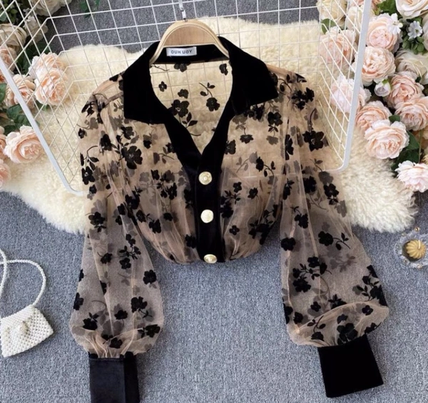 LAPEL Transparent FLOWER SHIRT TOP - M (Bust Size: 38 in, Length Size: 22 in) , net