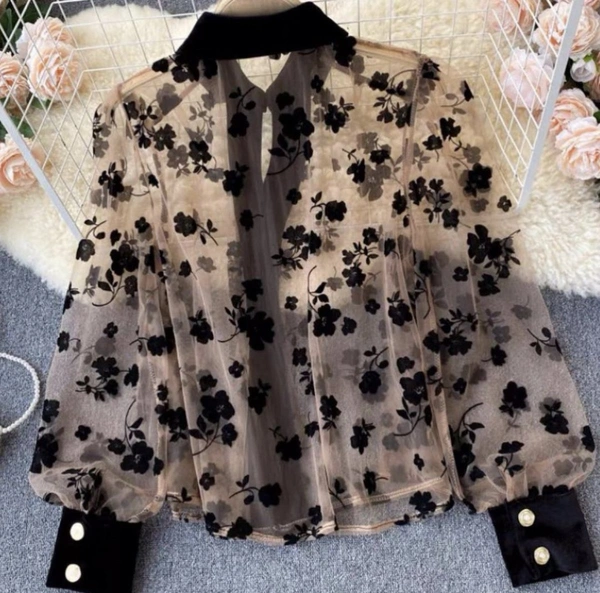 LAPEL Transparent FLOWER SHIRT TOP - M (Bust Size: 38 in, Length Size: 22 in) , net