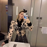 LAPEL Transparent FLOWER SHIRT TOP - M (Bust Size: 38 in, Length Size: 22 in) , net