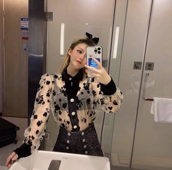 LAPEL Transparent FLOWER SHIRT TOP - L (Bust Size: 40 in, Length Size: 22 in) , net