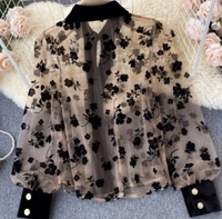 LAPEL Transparent FLOWER SHIRT TOP - L (Bust Size: 40 in, Length Size: 22 in) , net