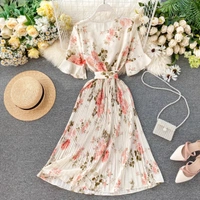 Chiffon Short Flare Sleeve Pleated Dress - M (Bust Size: 38 in, Length Size: 45 in) , crepe