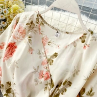 Chiffon Short Flare Sleeve Pleated Dress - L (Bust Size: 40 in, Length Size: 45 in) , crepe