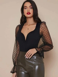 Ruffle Cuff Sheer Swiss Dot Mesh Sleeve Top - S (Bust Size: 32 in) , polyester