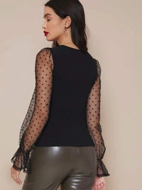Ruffle Cuff Sheer Swiss Dot Mesh Sleeve Top - M (Bust Size: 34 in) , polyester