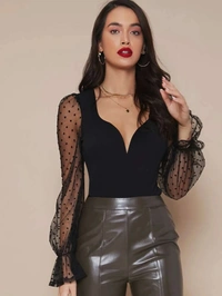 Ruffle Cuff Sheer Swiss Dot Mesh Sleeve Top - XL (Bust Size: 38 in) , polyester