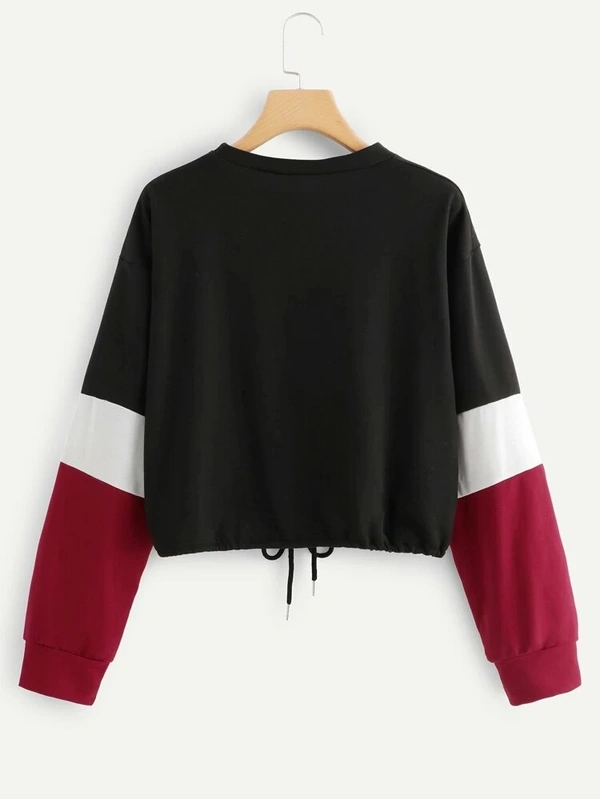 Drawstring Hem Color Block Sweatshirt - S (Bust Size: 32 in, Length Size: 25 in) , cotton