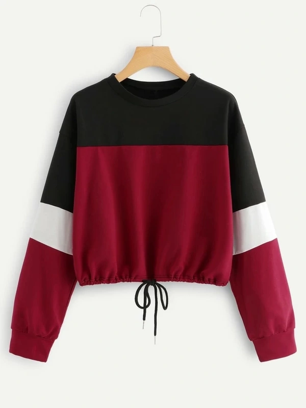 Drawstring Hem Color Block Sweatshirt - S (Bust Size: 32 in, Length Size: 25 in) , cotton