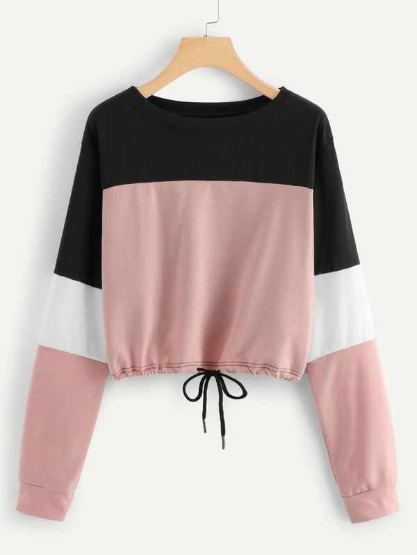 Drawstring Hem Color Block Sweatshirt - S (Bust Size: 32 in, Length Size: 25 in) , cotton