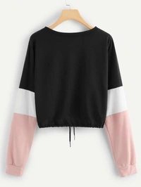 Drawstring Hem Color Block Sweatshirt - M (Bust Size: 34 in, Length Size: 25 in) , cotton