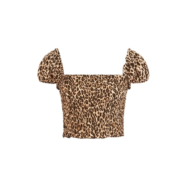 Leopard Shirred Off The Shoulder Top - XS, polyester