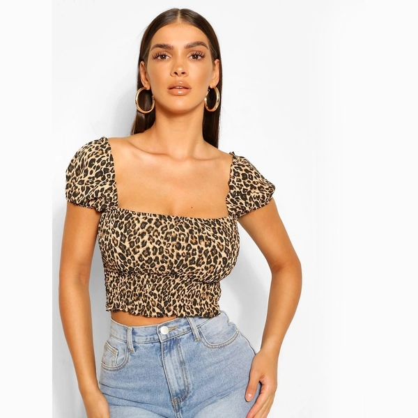 Leopard Shirred Off The Shoulder Top - L, Polyester