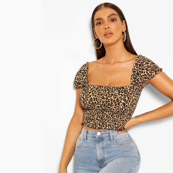 Leopard Shirred Off The Shoulder Top - L, Polyester