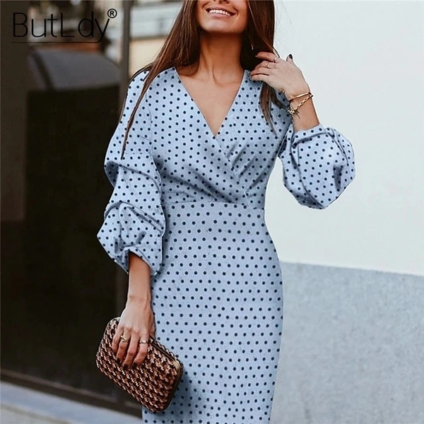 Polka Dot Lantern Sleeve Wrap Dress  - M, poly crepe
