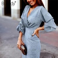 Polka Dot Lantern Sleeve Wrap Dress  - L, poly crepe
