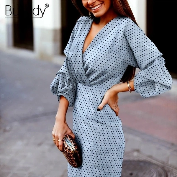 Polka Dot Lantern Sleeve Wrap Dress  - L, poly crepe