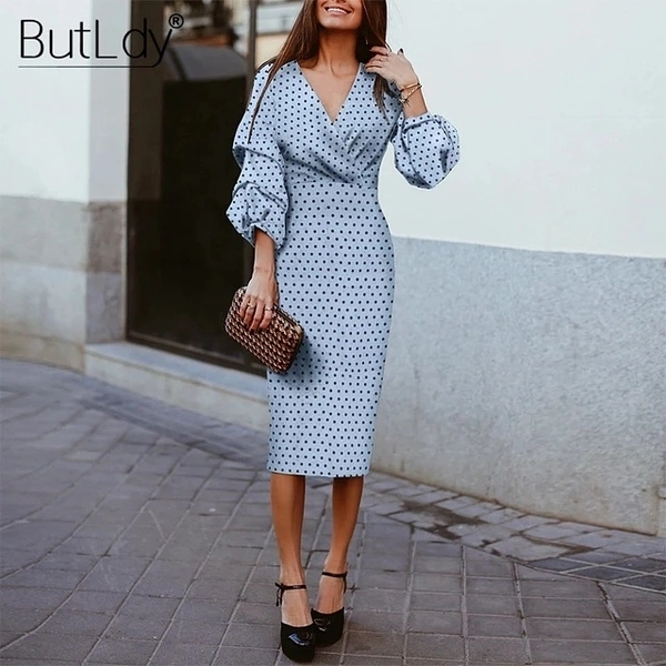 Polka Dot Lantern Sleeve Wrap Dress  - L, poly crepe