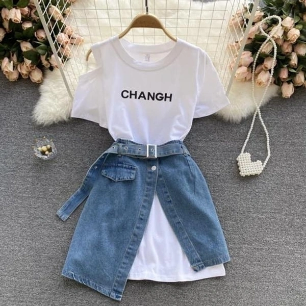 Chang Long Tee And Denim Wrap Up Short Dress - Free Size (Waist Size: 28 in, Length Size: 19 in) , denim