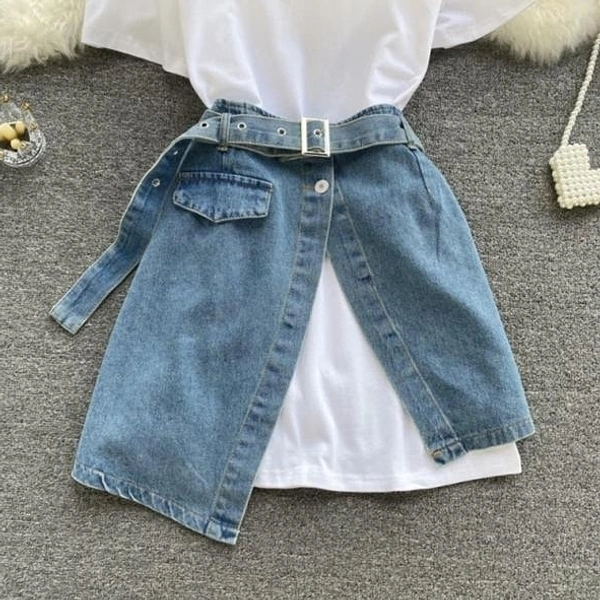 Chang Long Tee And Denim Wrap Up Short Dress - Free Size (Waist Size: 28 in, Length Size: 19 in) , denim