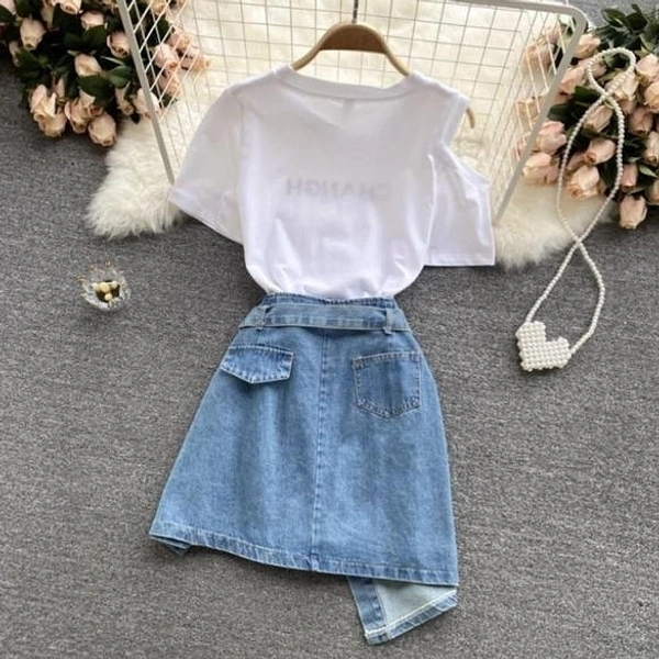 Chang Long Tee And Denim Wrap Up Short Dress - Free Size (Waist Size: 28 in, Length Size: 19 in) , denim