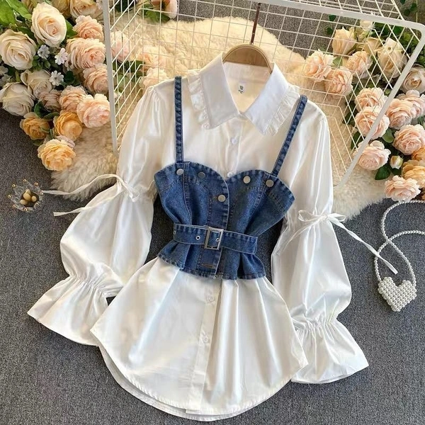 Two Piece Denim Halter Shirt Set - S (Bust Size: 36 in, Length Size: 29 in) , denim