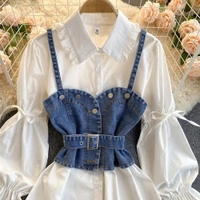 Two Piece Denim Halter Shirt Set - S (Bust Size: 36 in, Length Size: 29 in) , denim