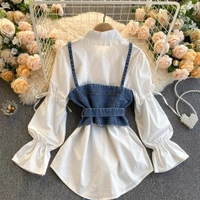 Two Piece Denim Halter Shirt Set - S (Bust Size: 36 in, Length Size: 29 in) , denim