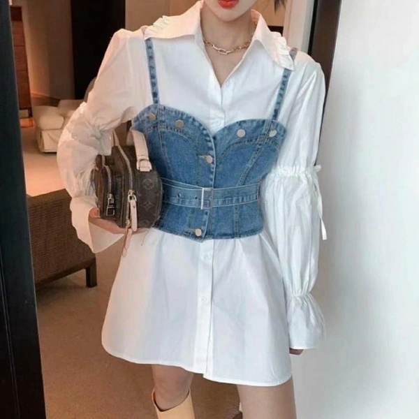 Two Piece Denim Halter Shirt Set - M (Bust Size: 38 in, Length Size: 29 in) , denim