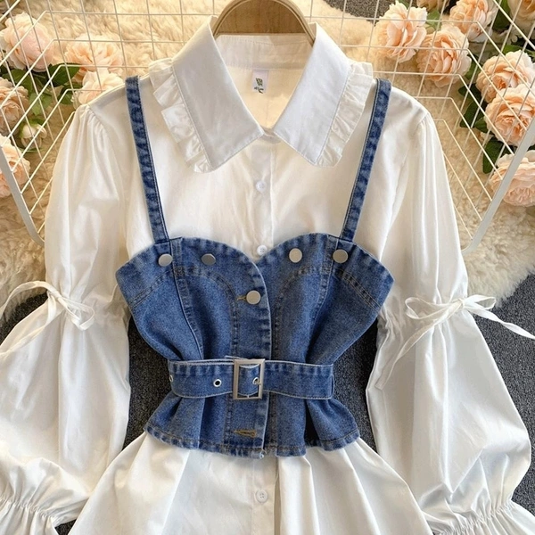 Two Piece Denim Halter Shirt Set - M (Bust Size: 38 in, Length Size: 29 in) , denim