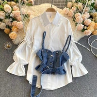 Two Piece Denim Halter Shirt Set - M (Bust Size: 38 in, Length Size: 29 in) , denim