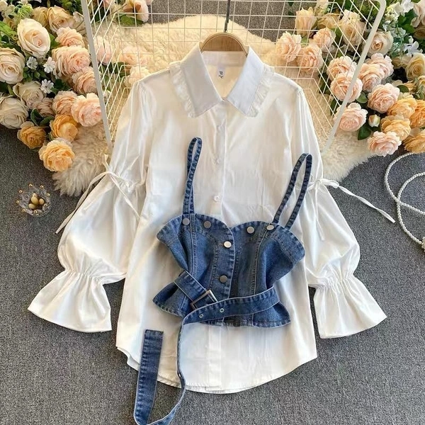 Two Piece Denim Halter Shirt Set - M (Bust Size: 38 in, Length Size: 29 in) , denim